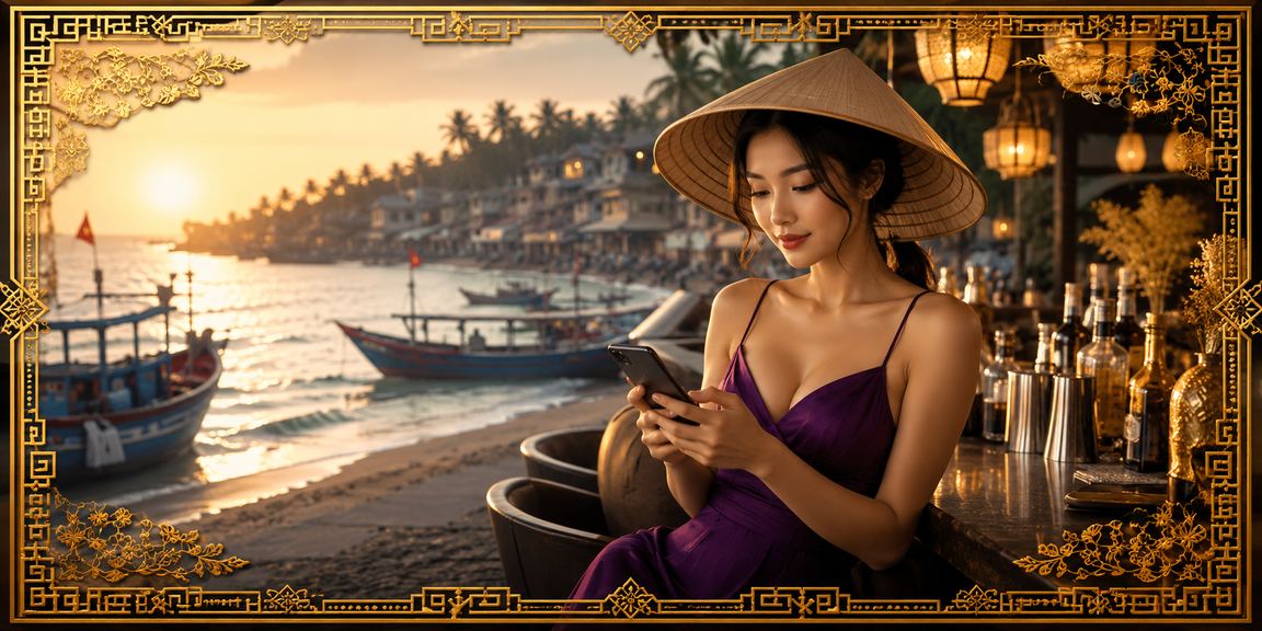Người phụ nữ đội nón lá tại Mũi Né cầm vé số và kiểm tra kết quả trên điện thoại